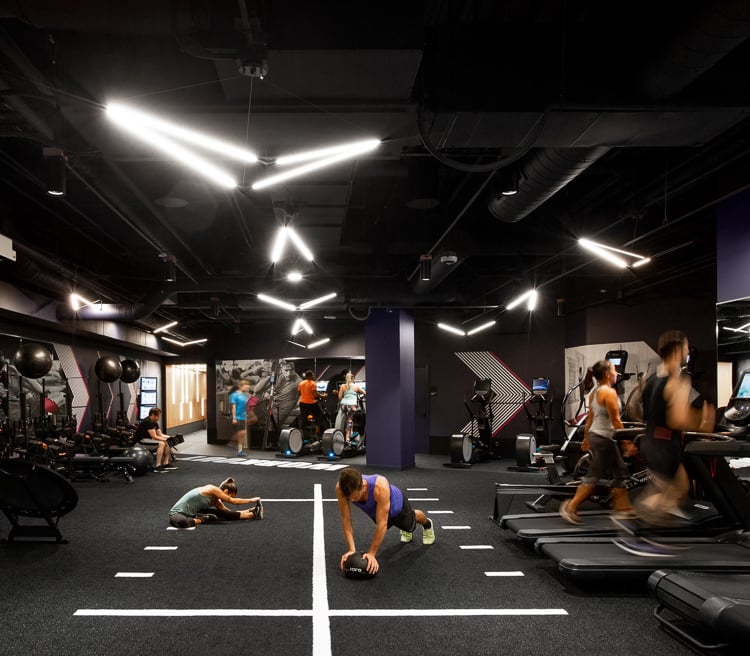 Small group coaching session in a dynamic, purposefully designed studio focused on mobility and connection.