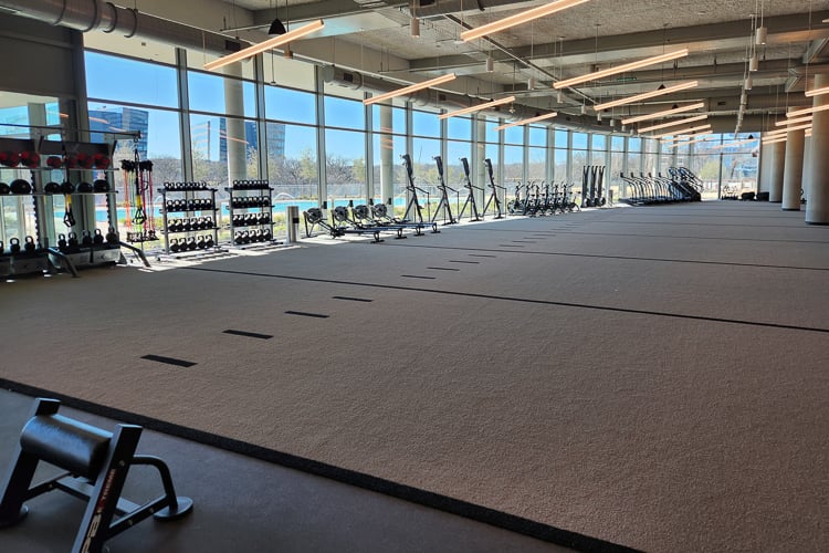 Open training space with turf flooring, free weights, resistance bands, and cardio equipment by large windows.