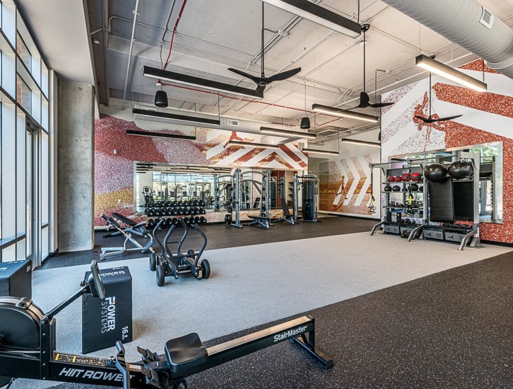 Spacious gym with functional training equipment, mirrored walls, and colorful graphic murals on the surrounding walls.