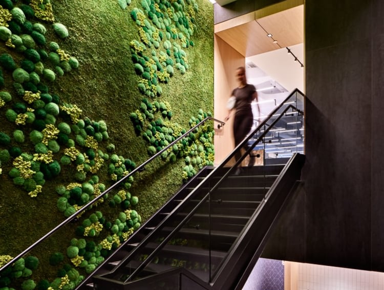 People use a modern staircase beside a large green moss wall in a sleek office environment.