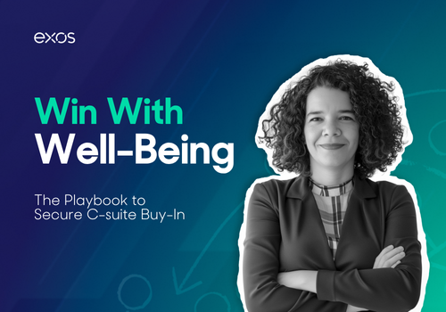 Confident professional woman standing in front of a blue playbook-style background. Text overlay reads: “Ebook – Win With Well-Being: The Playbook to Secure C-suite Buy-In.”