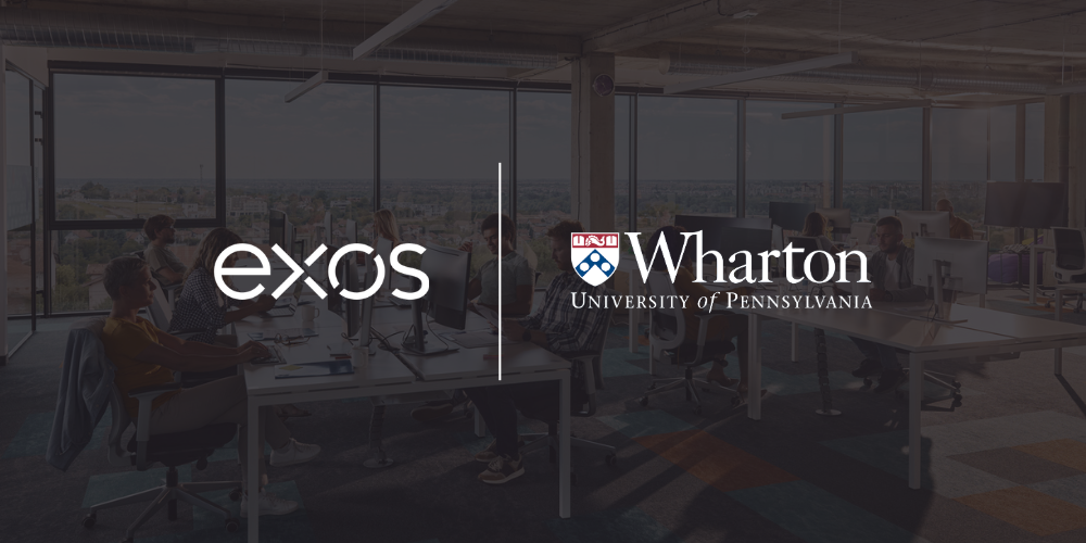 Lock-up with Exos logo and Wharton School of Business logo, representing their partnership in the future of work.