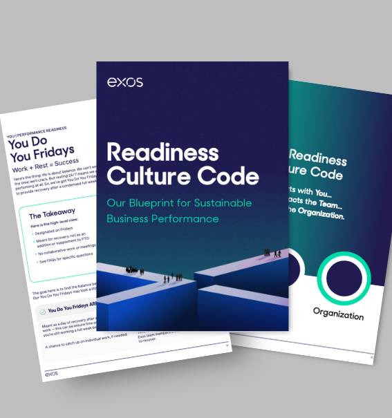Cover and inside pages of the Exos Readiness Culture Code, a framework for building sustainable business performance through human performance coaching.