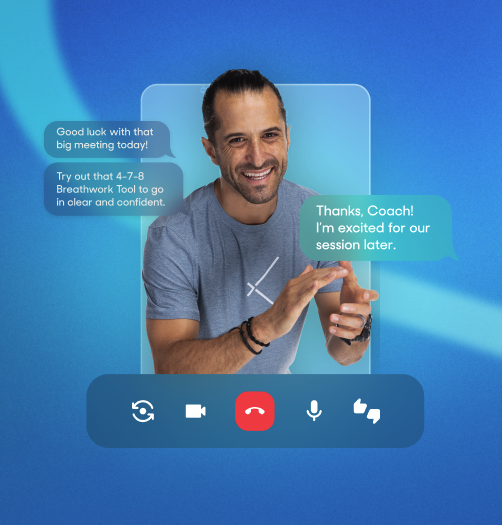 Exos coach on video call giving wellness tips to a smiling client, with fitness class previews and supportive chat messages.