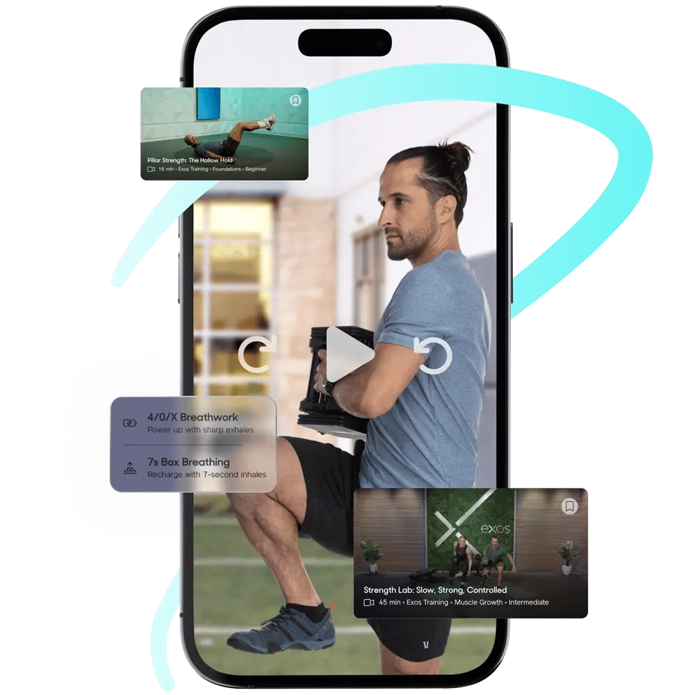 Coach holds weights while exercising, displayed on a smartphone screen with options for breathwork, pilates, and strength training.