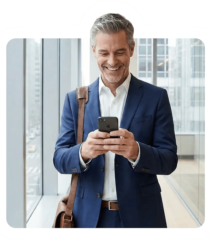 A man in a blue suit smiles while looking at his phone, receiving concierge-level support from his coach.