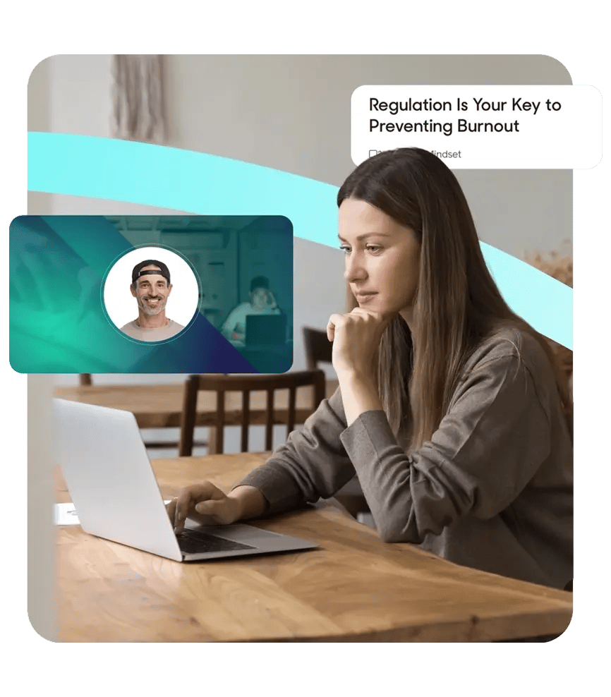 Man works on laptop with chat messages from a coach suggesting a Mental Focus Recharge Break to improve concentration.