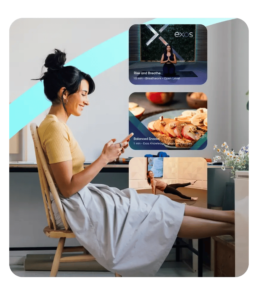 Employee accessing Exos app content from home, including workouts, nutrition, and coaching resources.