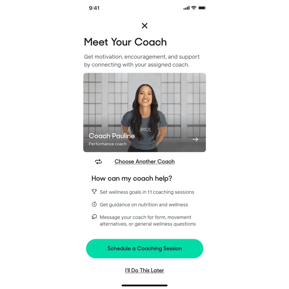 Exos app screen introducing a coach and offering options for sessions, wellness guidance, and ongoing support.