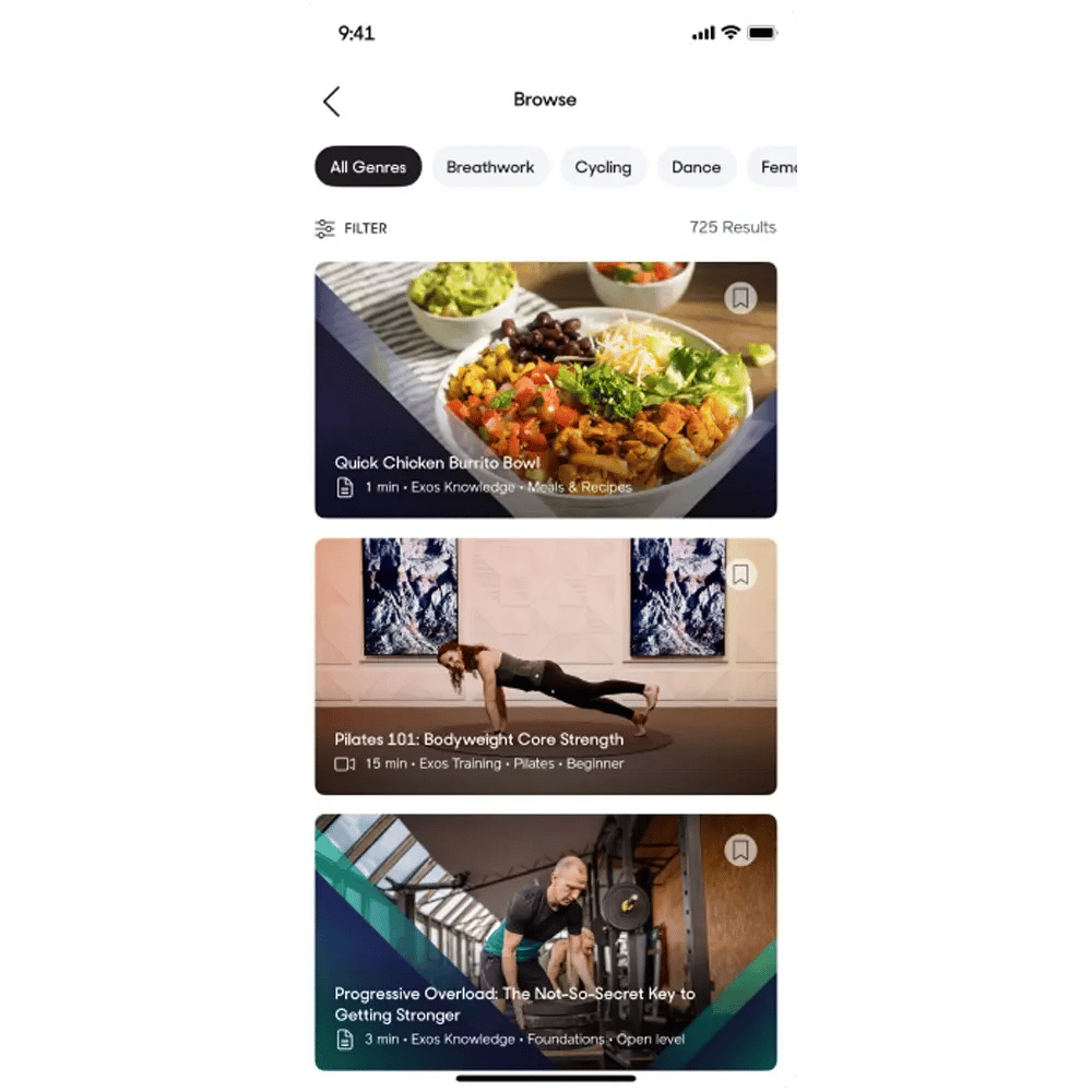 Exos app browse screen offering on-demand content from healthy recipes to Pilates and strength training.