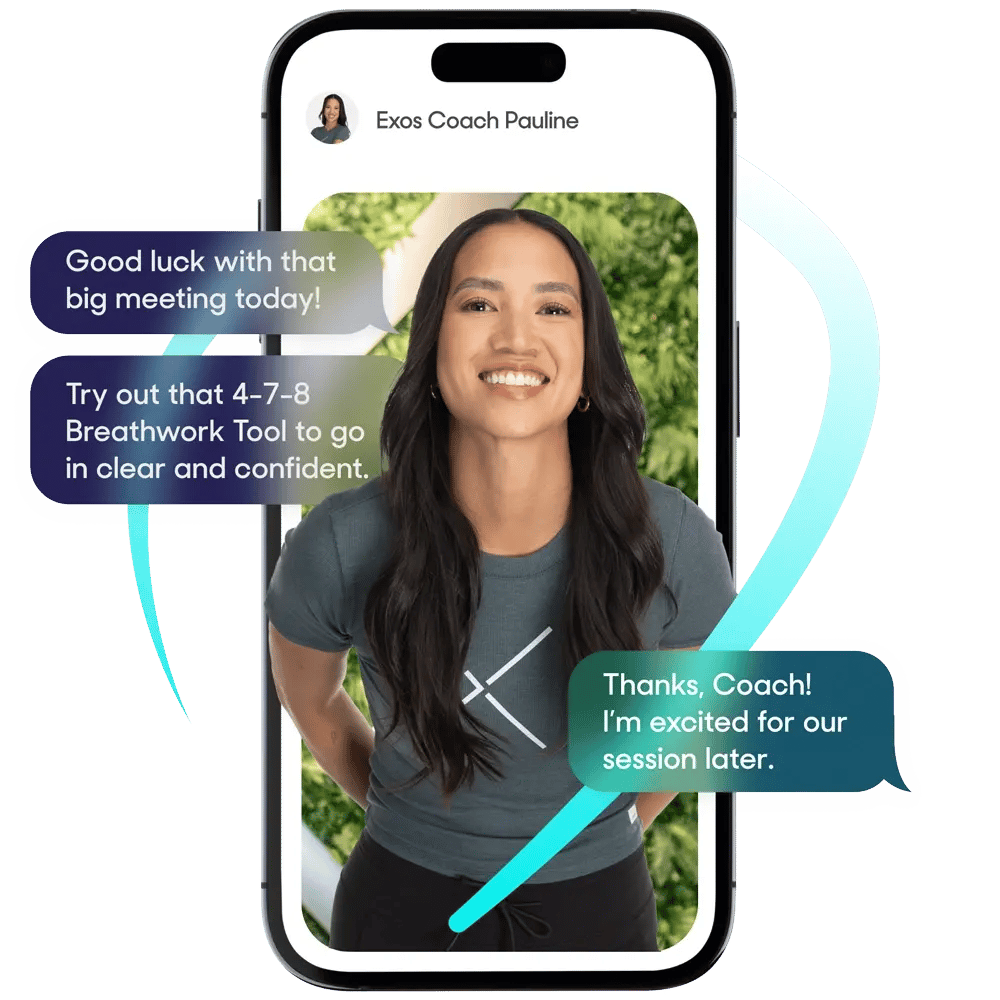 Coach Pauline smiles during a video call, sending breathwork tips to help a client feel clear and confident before a big meeting.
