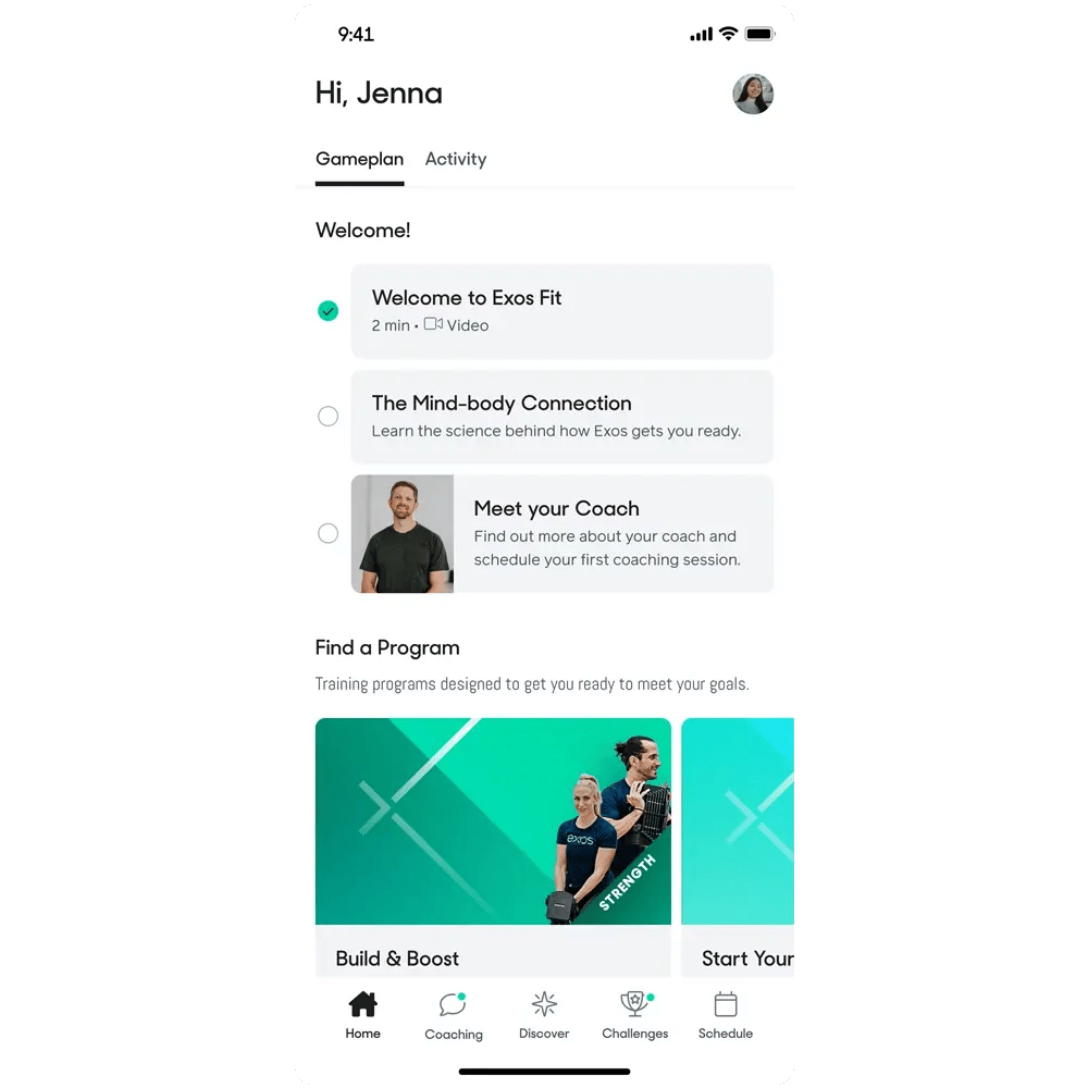 Exos app gameplan screen guiding employees through welcome content, coach connection, and tailored training programs.