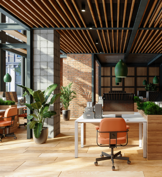 Modern office space with natural light and greenery, designed to boost employee well-being and workplace engagement.