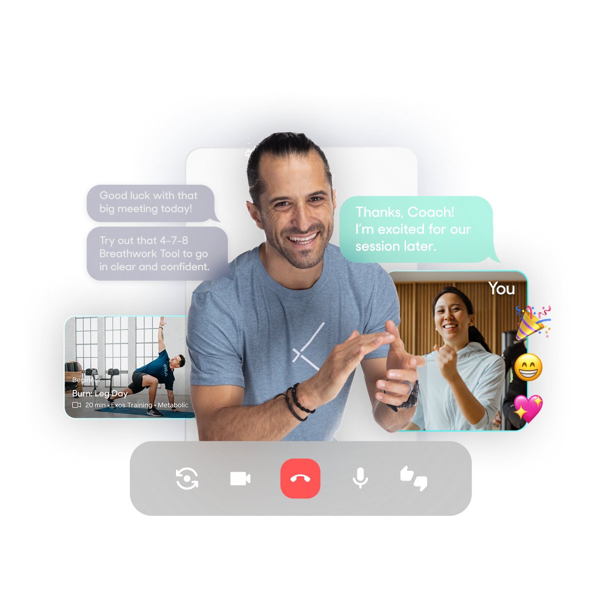 Exos coach on video call giving wellness tips to a smiling client, with fitness class previews and supportive chat messages.