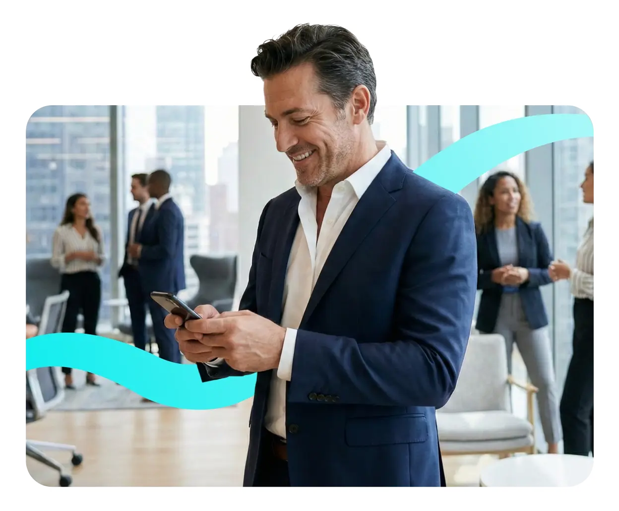 Business professional checking his phone in a modern office while colleagues discuss in the background. Business professional checking his phone in a modern office while colleagues discuss in the background.